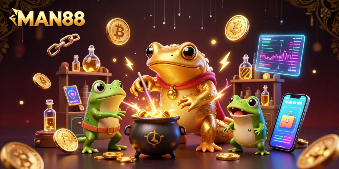 Experience the magic of MAN88 with a vibrant casino scene transforming base metals into gold among crypto elements.