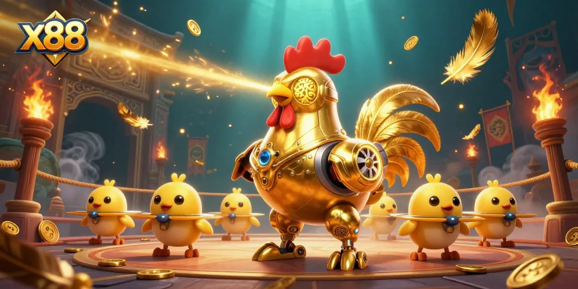 x88 features an engaging scene with a golden rooster robot and drones in a vibrant casino arena.