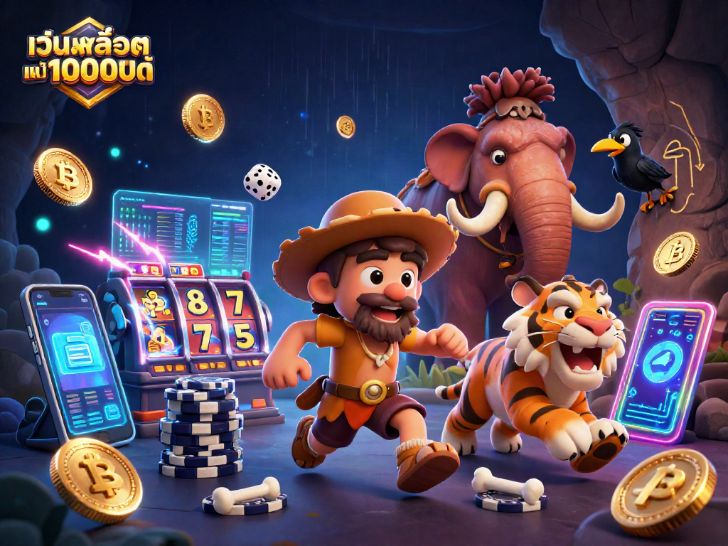 Engage with เว็บสล็อต แท้ 100 เปอร์เซ็นต์ in this dynamic casino scene showcasing unique characters and vibrant gambling elements.
