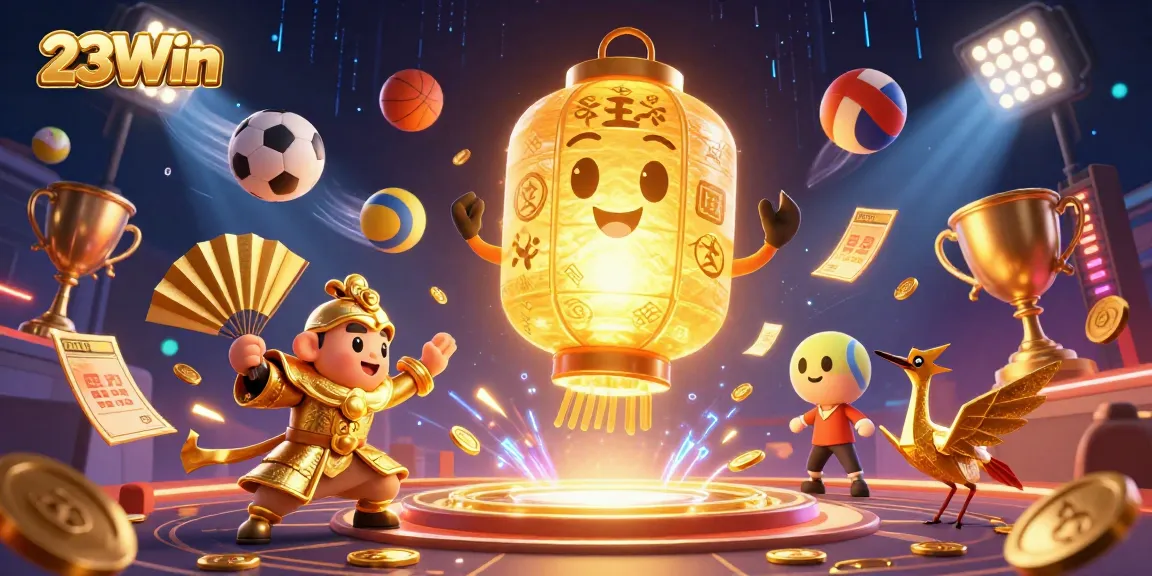 Engage with 23Win's vibrant gaming atmosphere featuring a glowing lantern spirit and interactive sports elements.