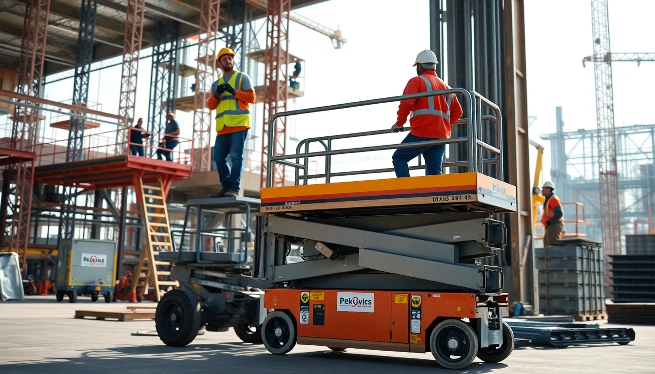 Workers operating a manlift at a construction site, showcasing high-access capabilities.