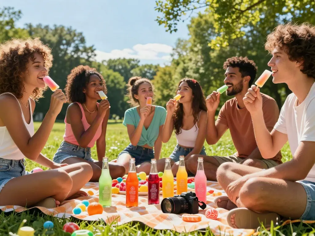 Popsicle e juice in colorful bottles enjoyed by friends in a vibrant picnic setting.