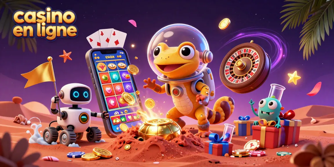 Jouez sur le casino en ligne avec le gecko martien découvrant un casino doré sur Mars et des éléments de jeu vibrant.