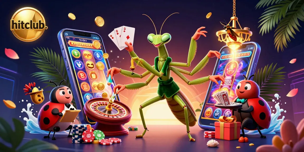 Hitclub. brings excitement with a 3D giant mantis dealing cards and pouring champagne amidst casino elements.