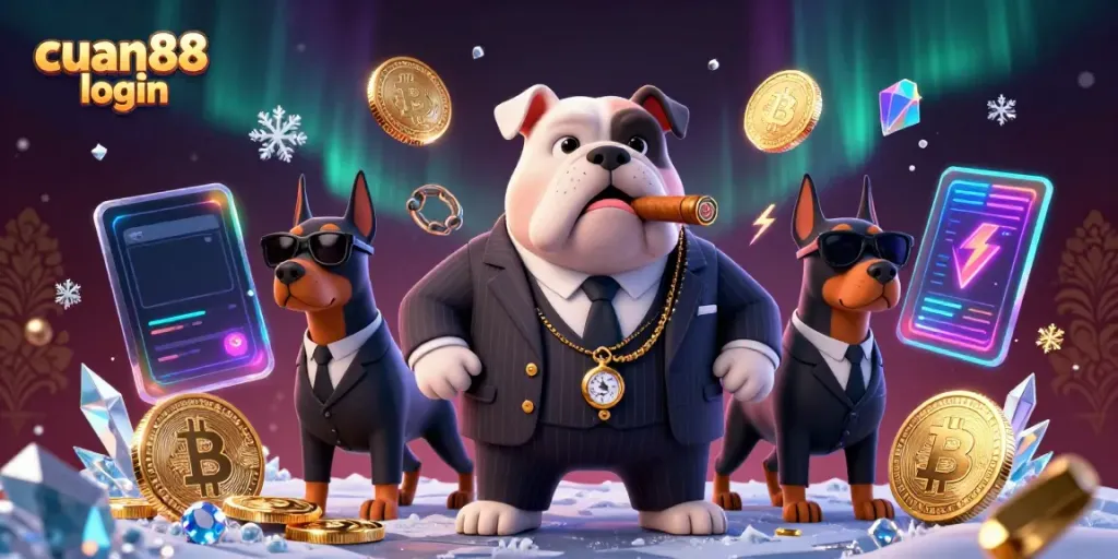 Engage in cuan88 login with our mafia-themed casino illustration featuring crypto elements.