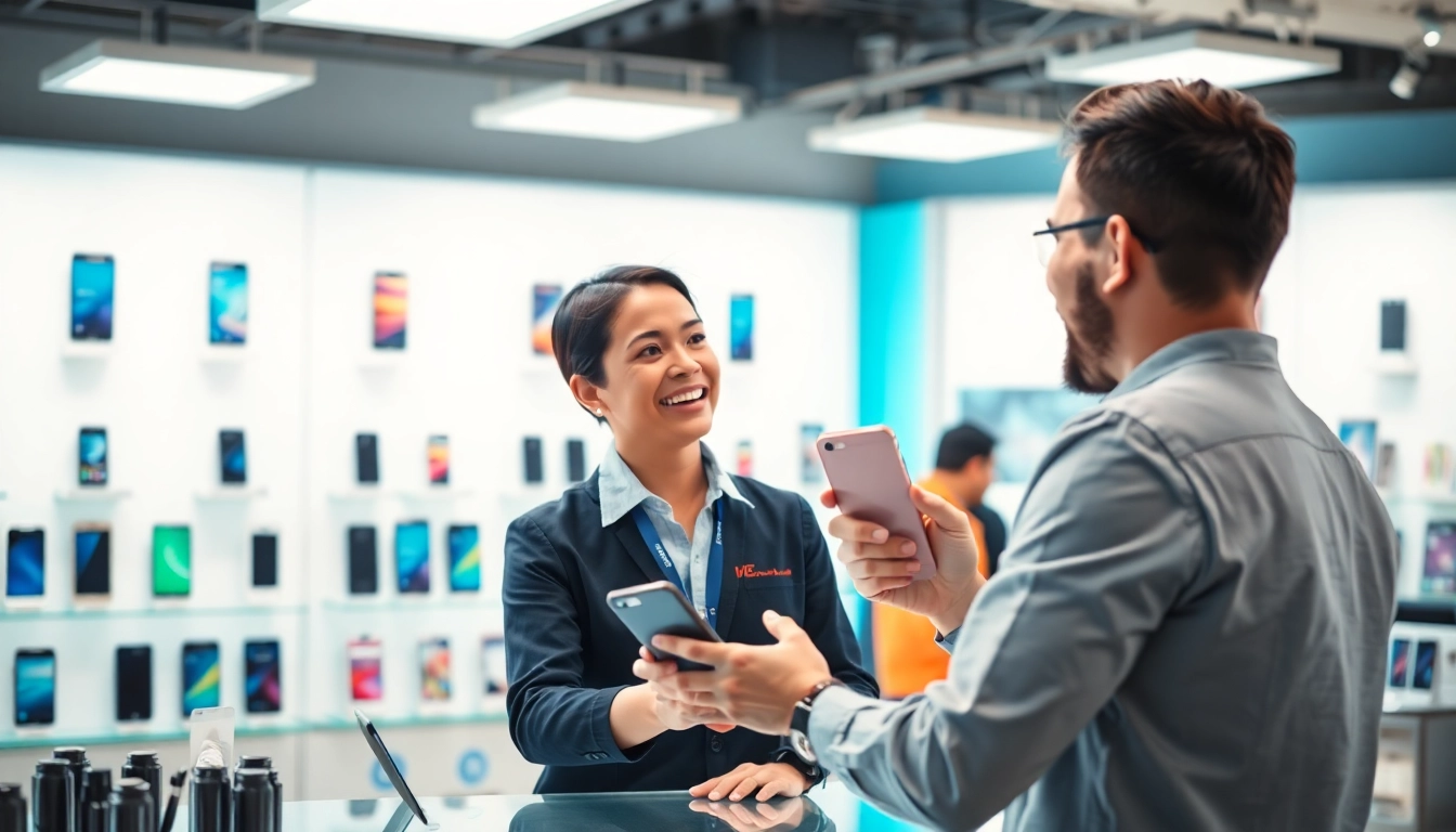 Phone buyer near me receiving assistance in a vibrant store setting.