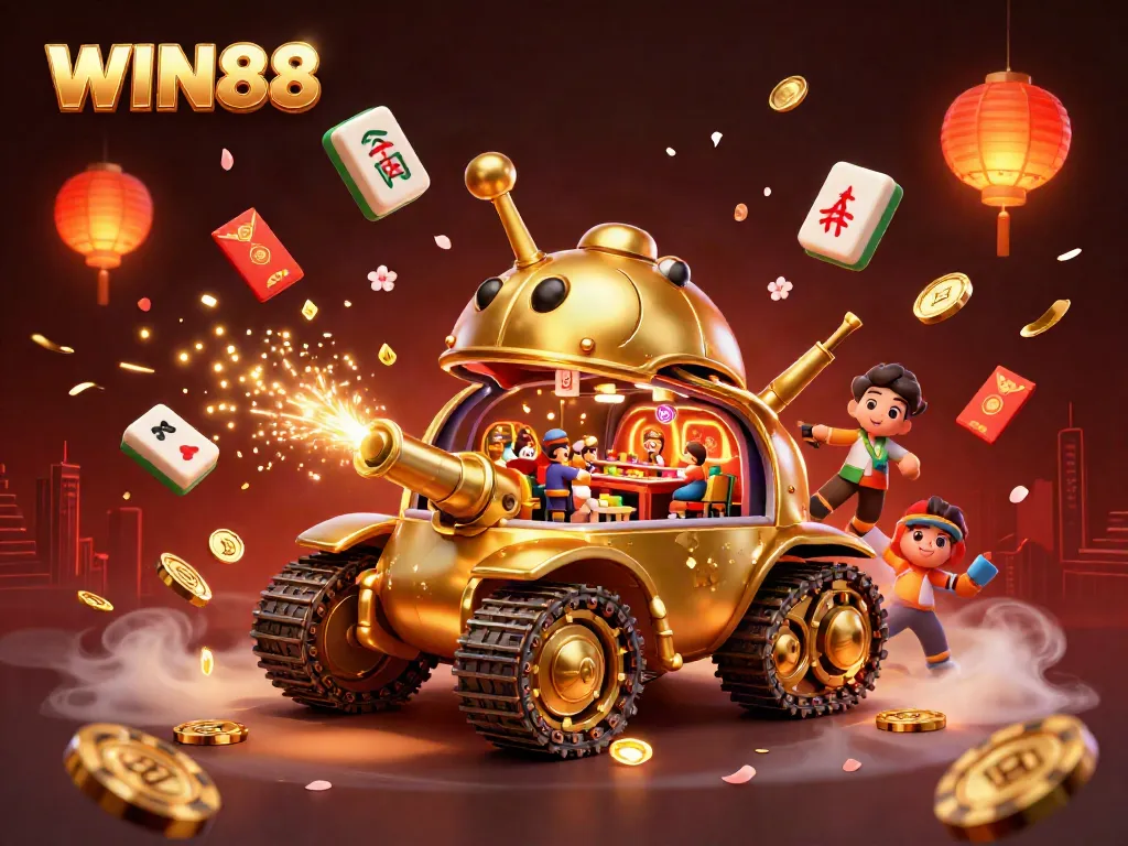 Win88 highlights a vibrant casino scene with a golden beetle tank and celebratory elements.