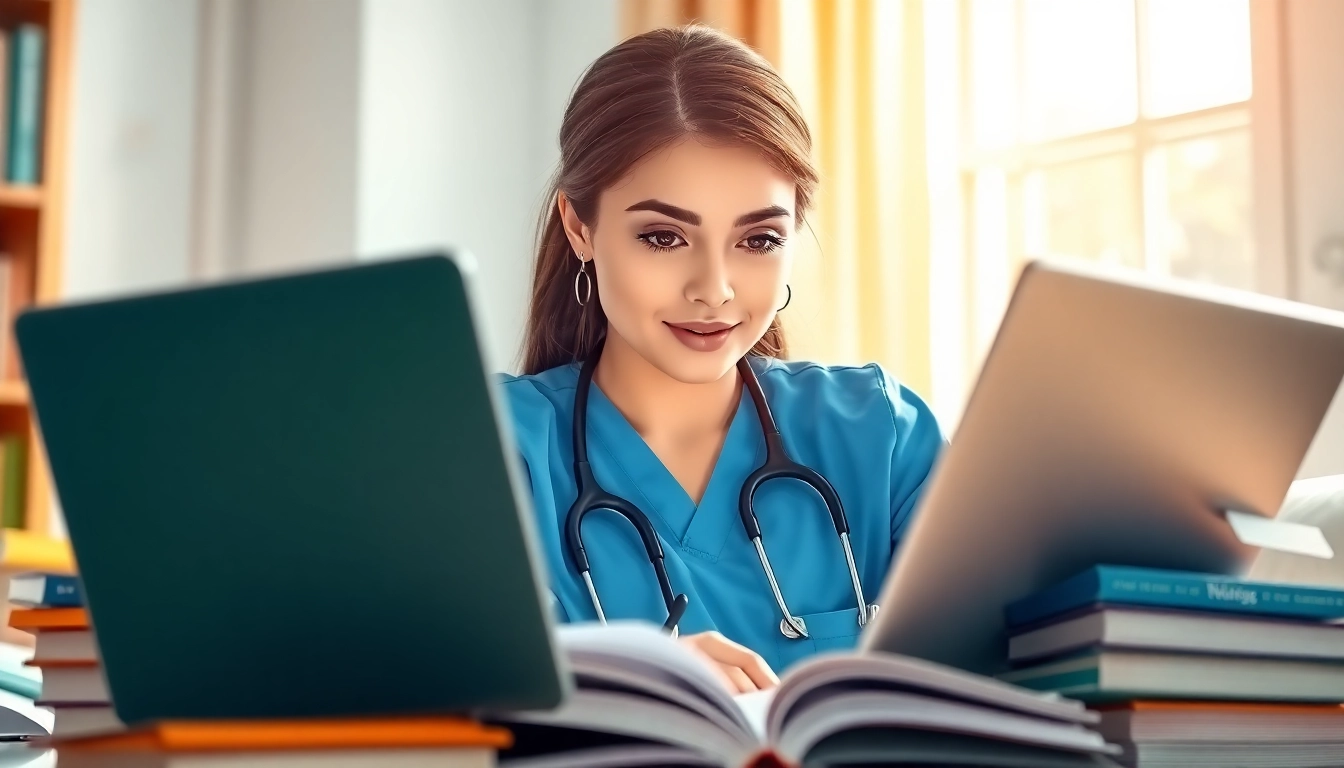 Motivated repeat NCLEX taker review Houston surrounded by study materials and resources.