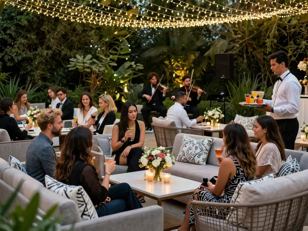 Event furniture rental setting with stylish lounge area, guests enjoying a cocktail reception outdoors, elegant decor and vibrant atmosphere.