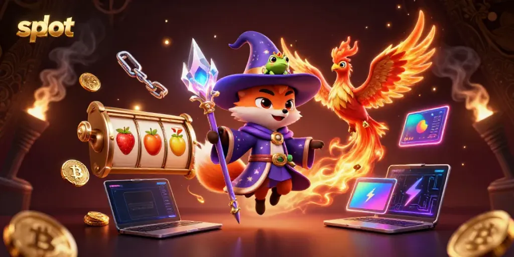 Slot yang menampilkan rubah penyihir, phoenix, dan elemen permainan slot menarik dalam nuansa berkilau.