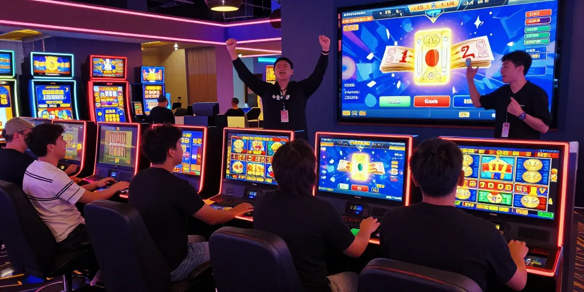 Engaging scene of players on situs gacor interacting with vibrant slot games in a dynamic online casino.
