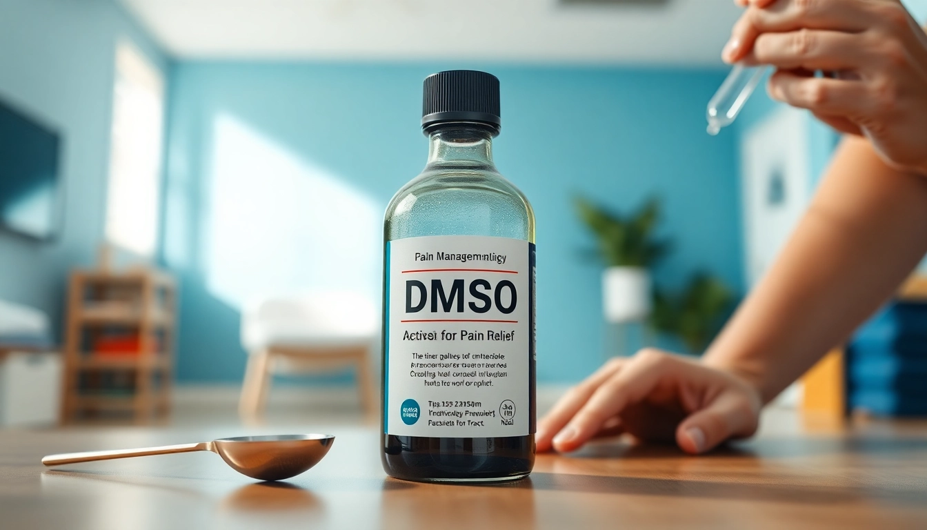 DMSO for pain relief bottle showcased in a healthcare setting, promoting effective pain management.