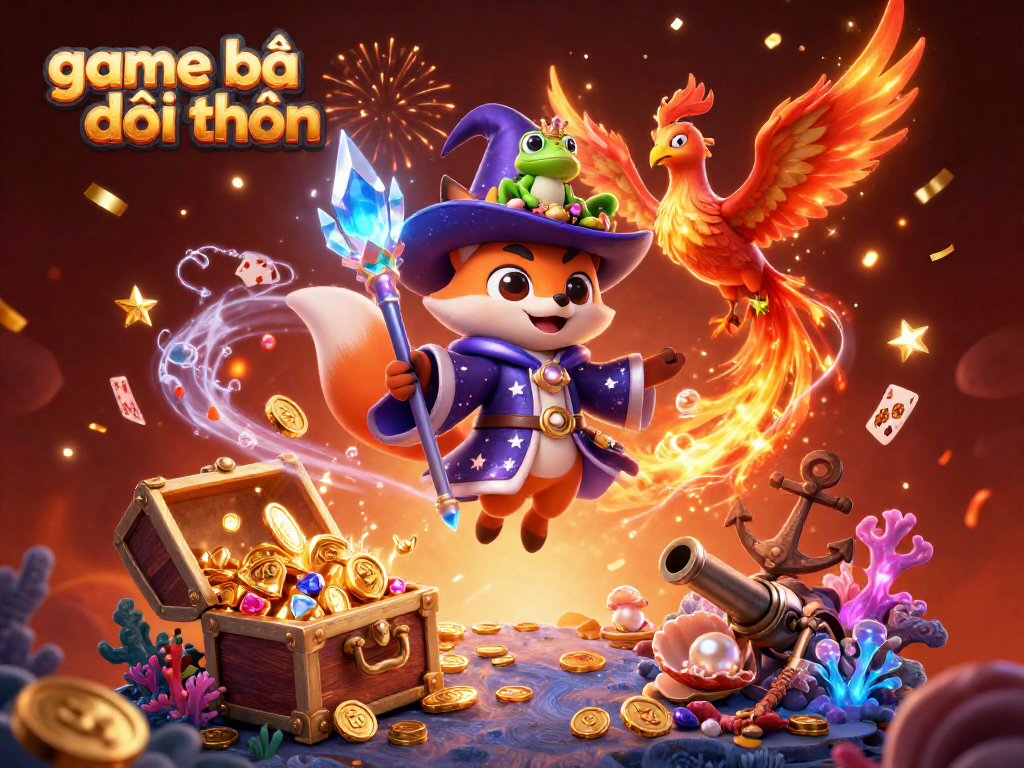 Experience game bài đổi thưởng in this vibrant scene with a mystical fox wizard, phoenix, and treasure elements.