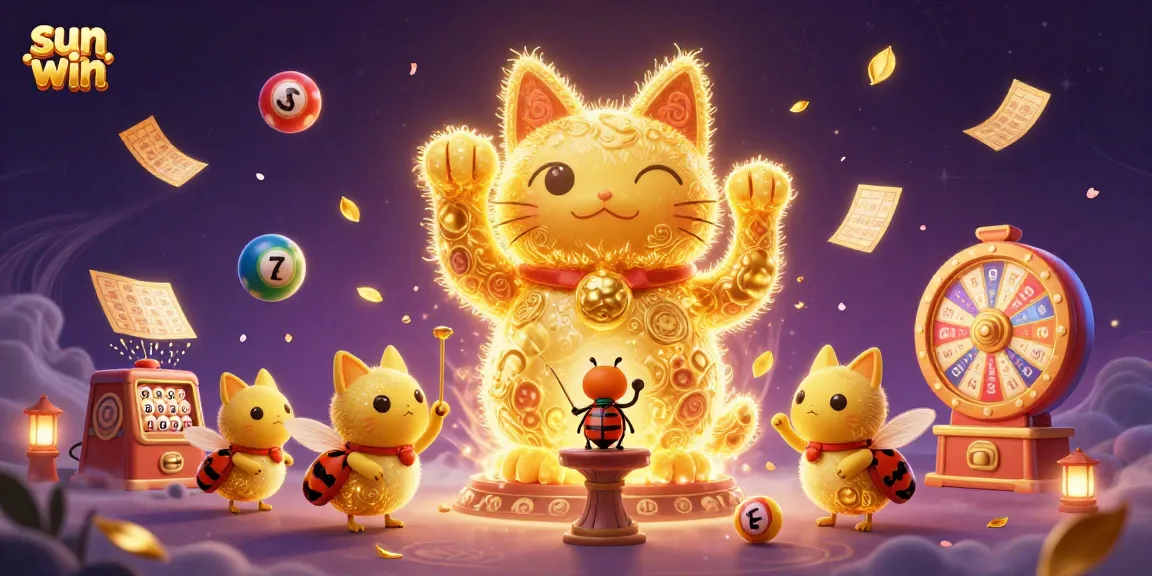 Experience the excitement of sun win with a lucky cat made of fireflies and vibrant lottery elements.