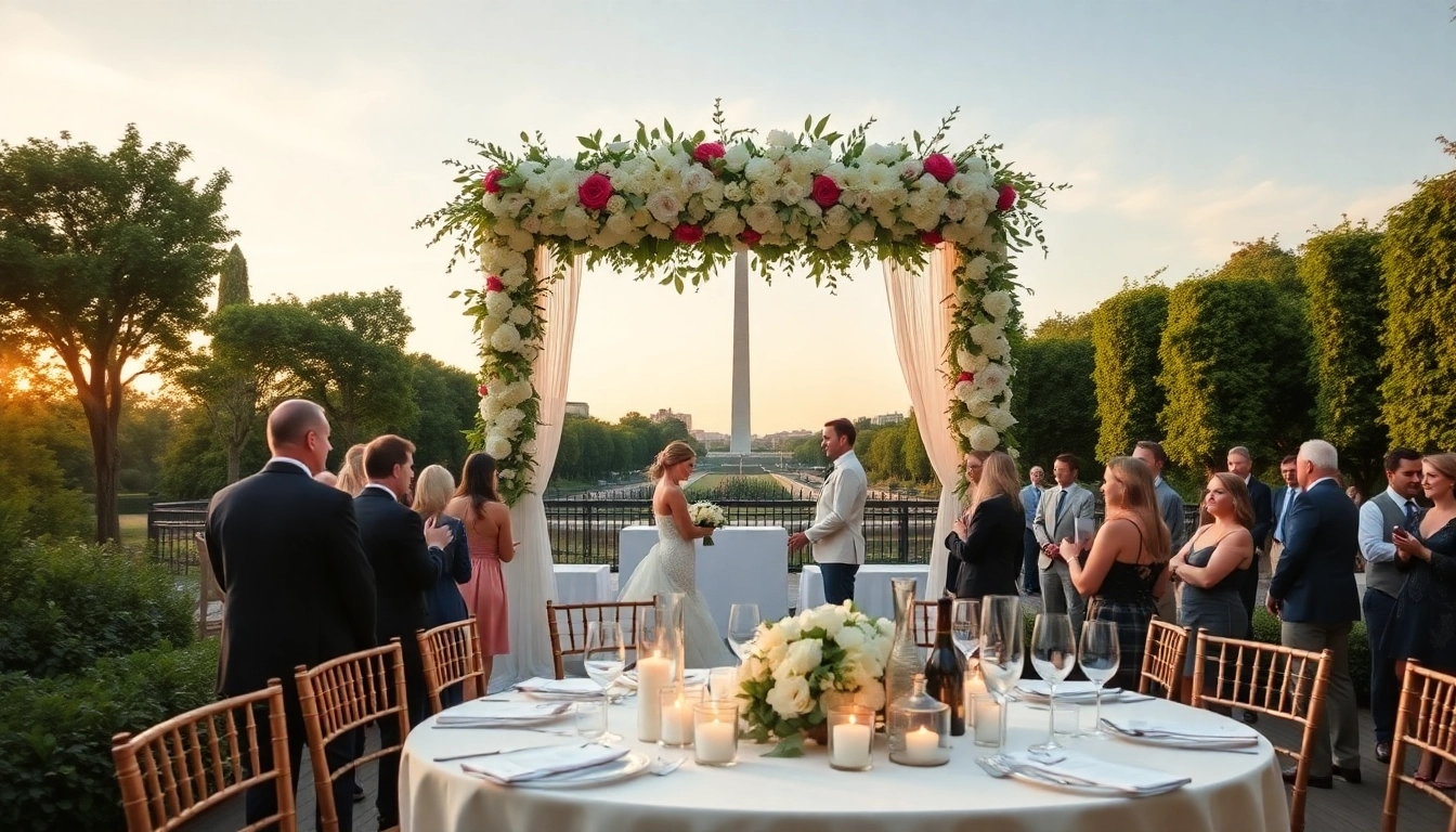 Washington dc wedding coordinator organizing a charming outdoor wedding with guests and floral decor.