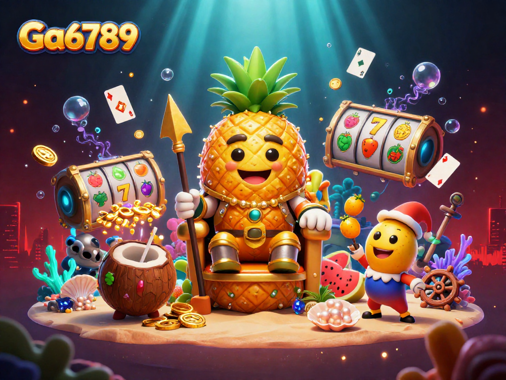 Engage with Ga6789's vibrant beach casino scene featuring a pineapple king and explosive treasures.