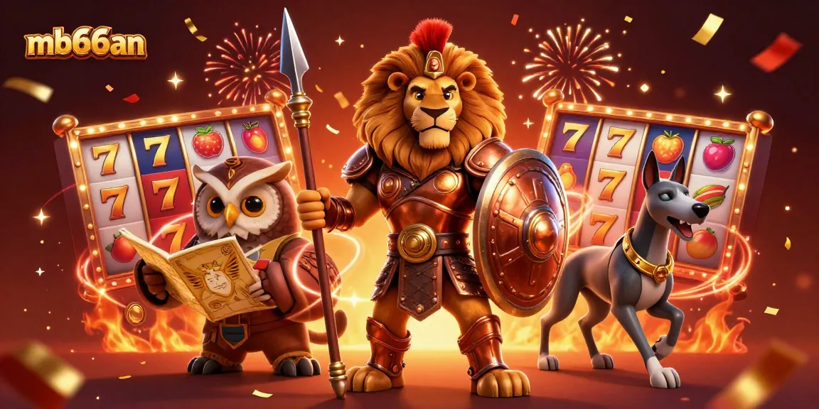 Spin and win at mb66an with a 3D heroic lion and vibrant casino elements!