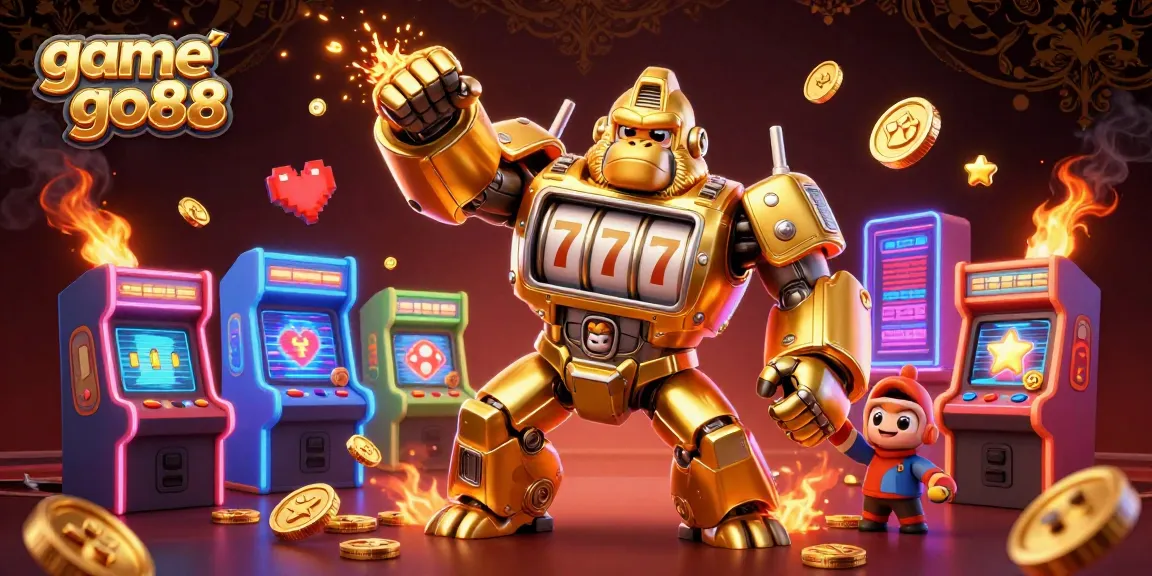 Experience the thrill of game go88 with a dynamic golden gorilla mech surrounded by arcade elements.