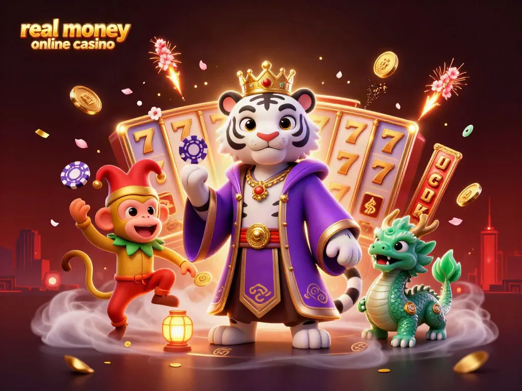 Engaging scene of real money online casino characters, featuring a tiger and monkey juggling chips.