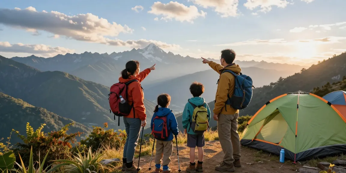 A family enjoying adventure at a scenic mountain view with mantra88 gear, capturing joy in outdoor exploration.