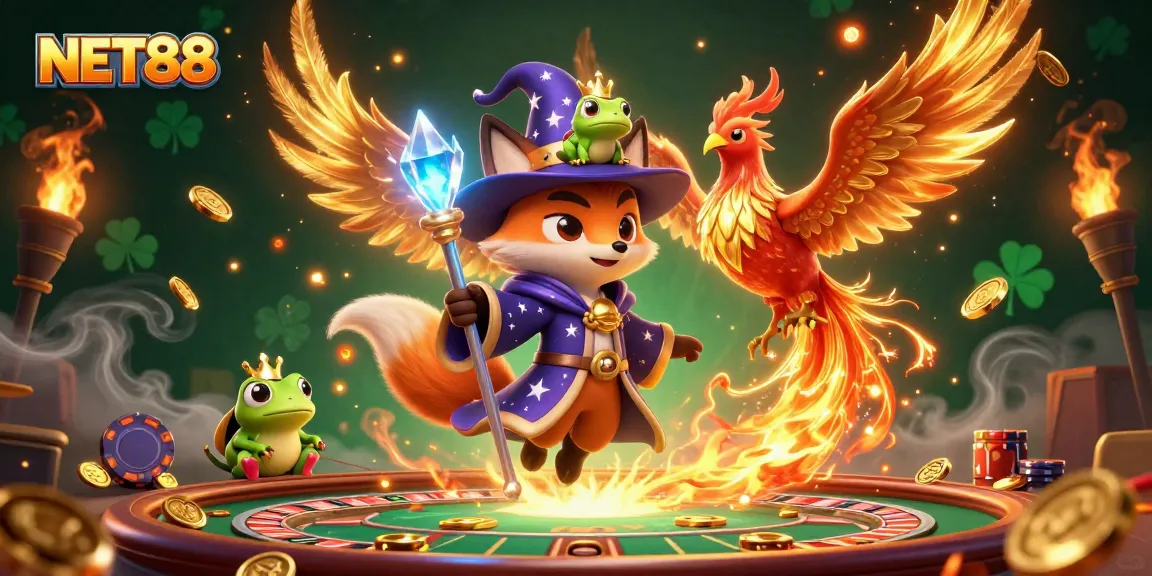Experience thrilling gaming at NET88 with a wizard fox, phoenix, and enchanted frog in a vibrant casino scene.