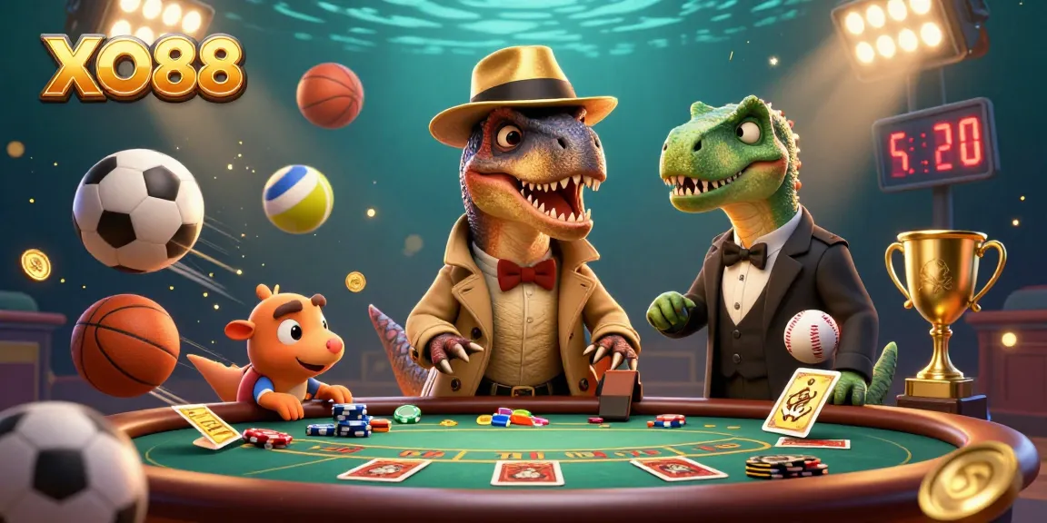 Experience thrilling wins at XO88, where a dinosaur-themed card counter contrasts with a vigilant pit boss.