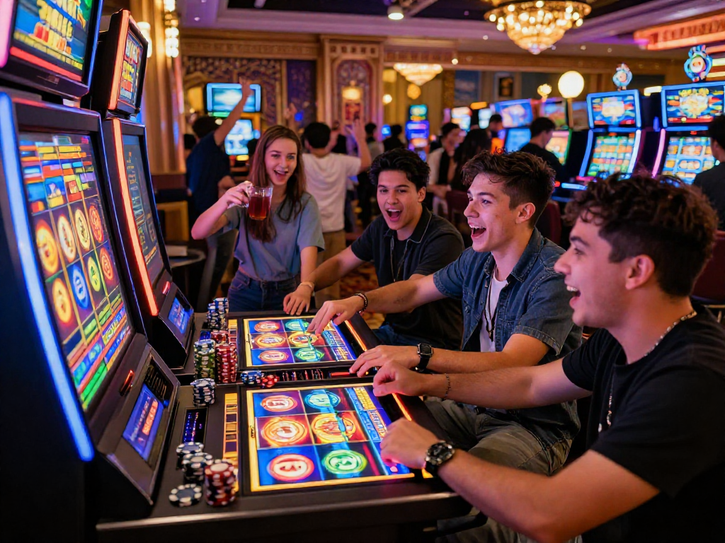 Pengalaman seru di kasino dengan slot88, teman-teman menikmati mesin slot berwarna-warni dan suasana ceria.