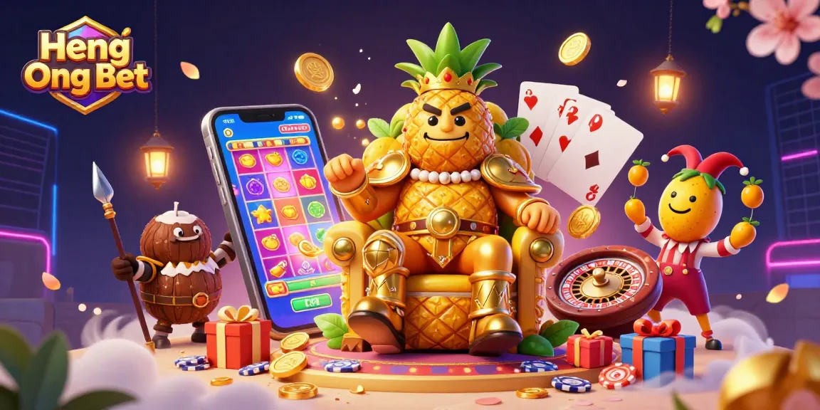 Engage with Heng Ong Bet's vibrant gaming experience featuring the golden pineapple king amidst thrilling casino action.