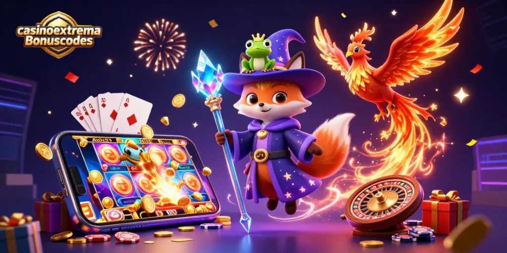 Casino Extreme bonus codes illustrated by a wizard fox and phoenix in a vibrant casino setting with gaming elements.