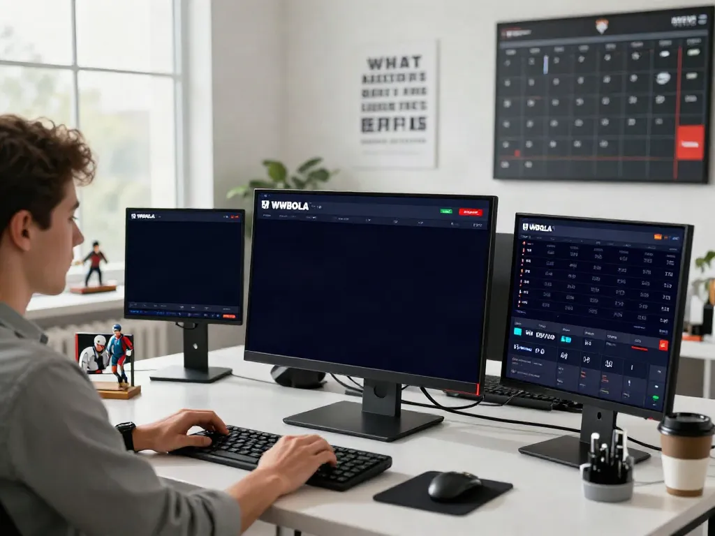 WWBOLA betting interface displayed on multiple screens in a modern workspace.