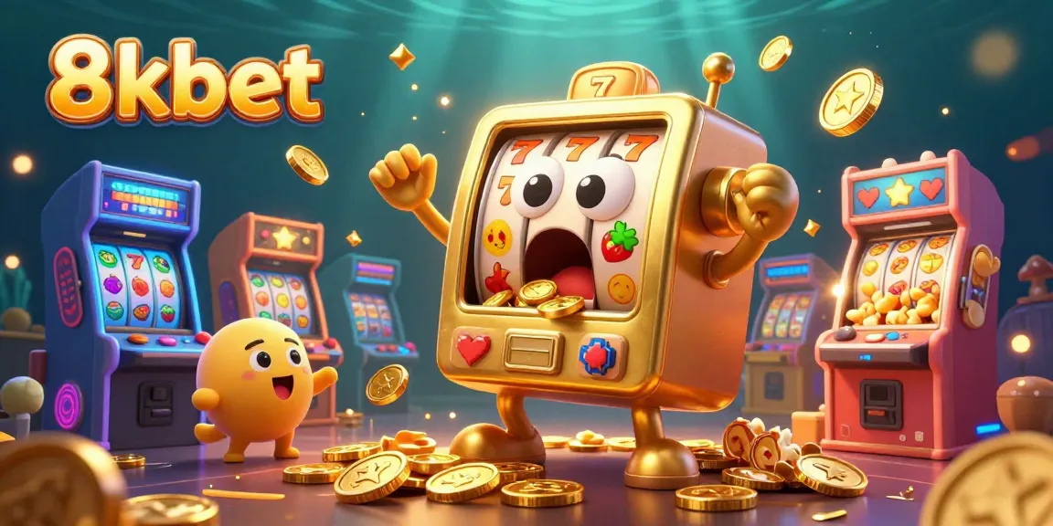 Celebrate wins with 8kbet as golden slot machines and retro gaming elements shine in a vibrant casino scene.
