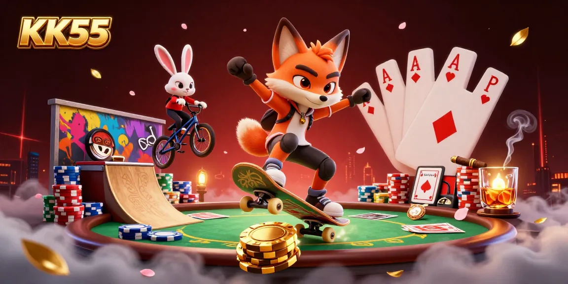 A vibrant KK55 casino scene with a fox and rabbit performing tricks among poker elements.