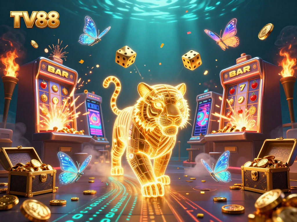 Experience thrilling wins at TV88 with a dazzling golden tiger and exciting casino elements.
