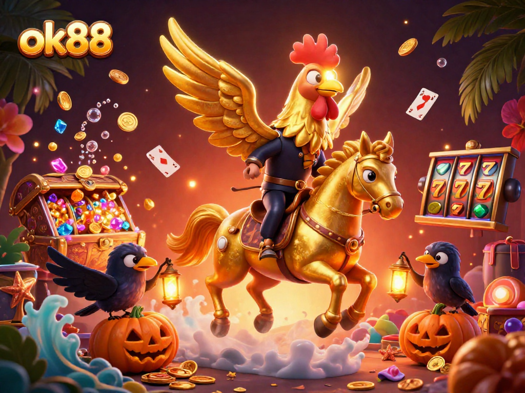 Experience exhilarating gameplay at ok88 with a golden rooster mascot amid casino excitement and treasures.