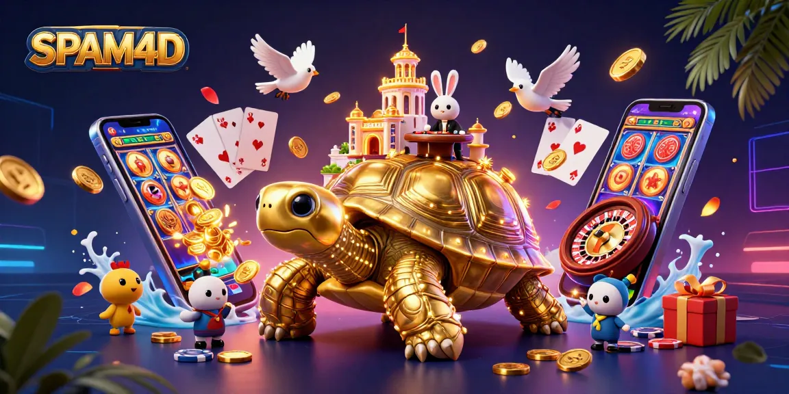Permainan SPAM4D dengan kura-kura emas dan dealer kelinci di kasino mini.