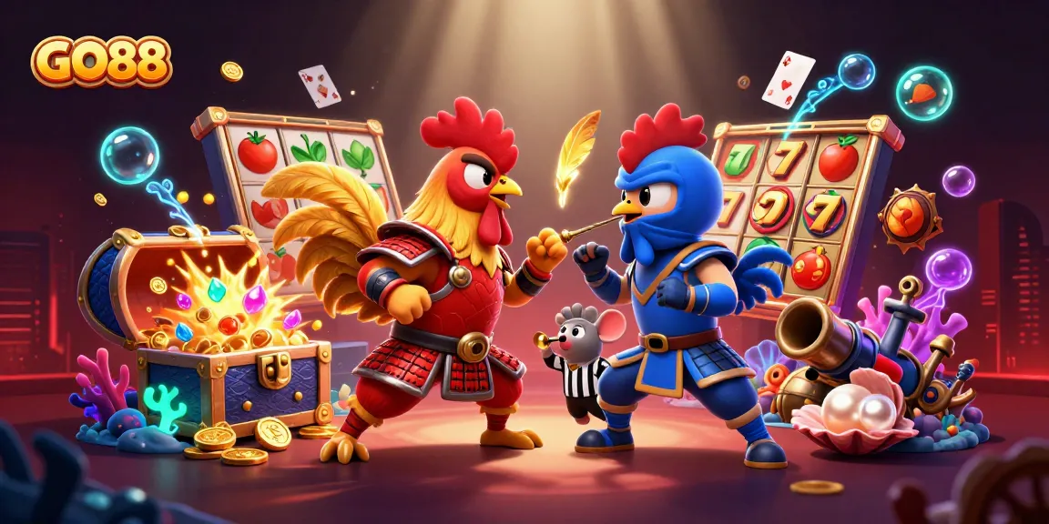 GO88 showcases an epic 3D battle of roosters, merging casino themes with dynamic gameplay.