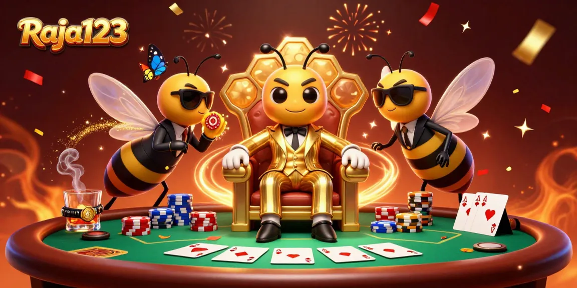 Engage in thrilling poker with Raja123, featuring a bumblebee mob boss and vivid gambling elements.