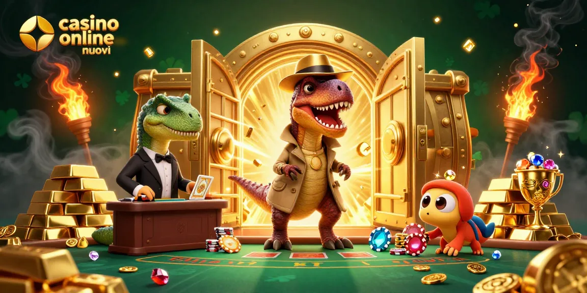 Gioca con i nuovi casino online e scopri un'illustrazione 3D coinvolgente di un dinosauro al tavolo da blackjack.