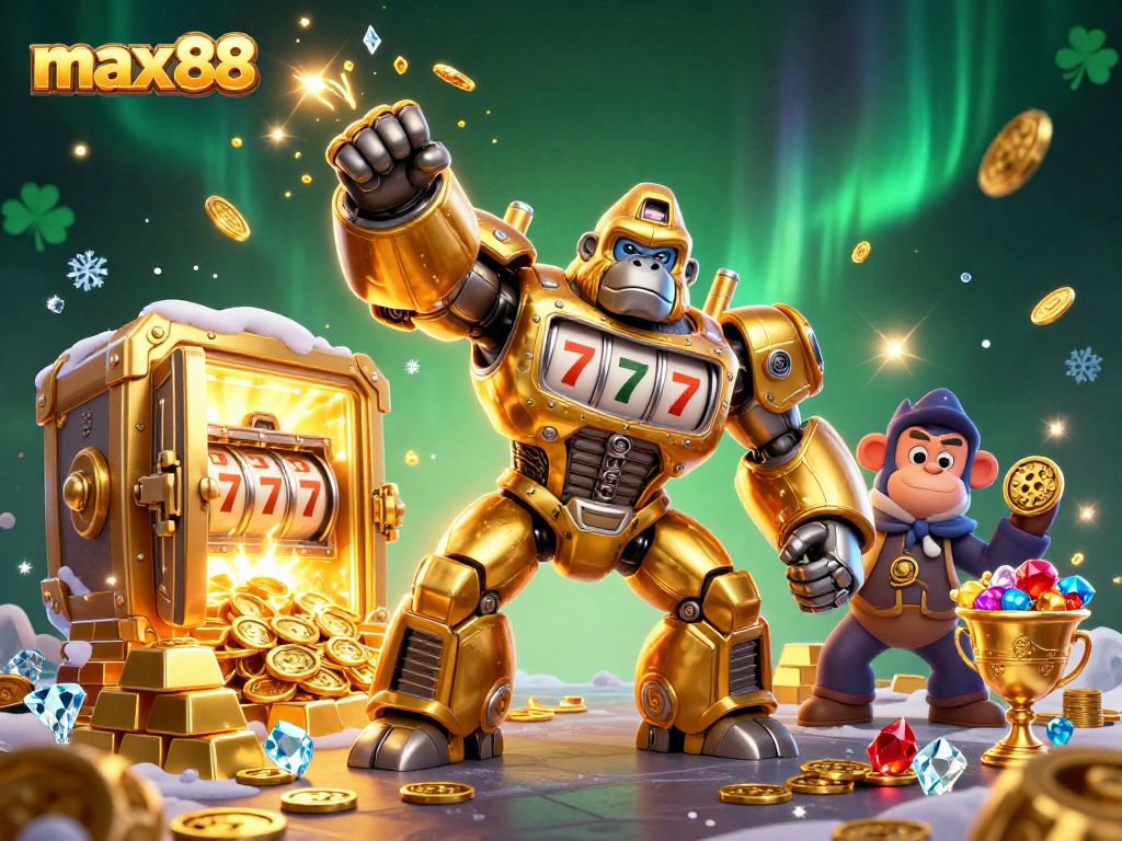 Max88 showcases a vibrant scene with a golden gorilla mech symbolizing casino excitement and luck.