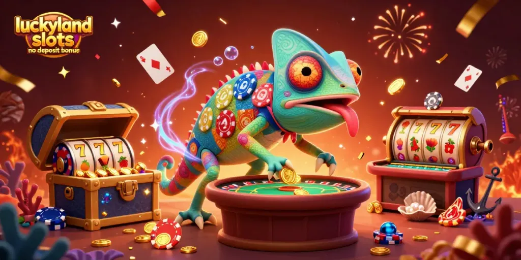 Win with the luckyland slots no deposit bonus featuring a vibrant chameleon casino owner surrounded by gold coins.