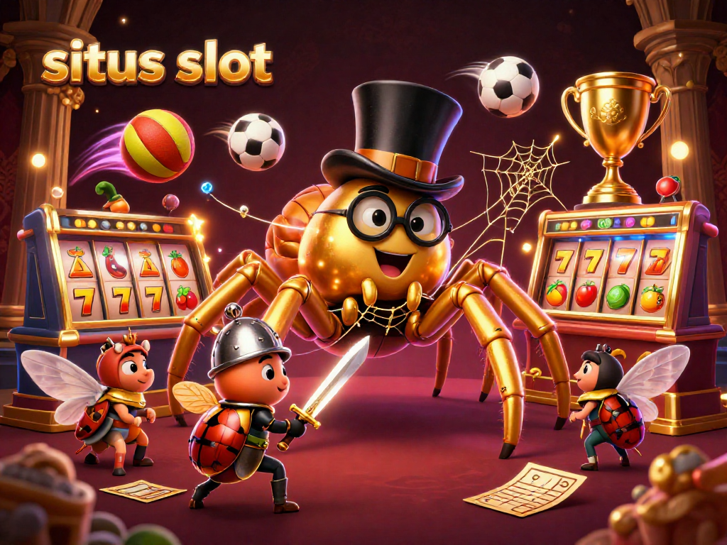 Permainan situs slot dengan laba-laba emas dan ksatria kecil, taruhan menarik dalam dunia kasino.