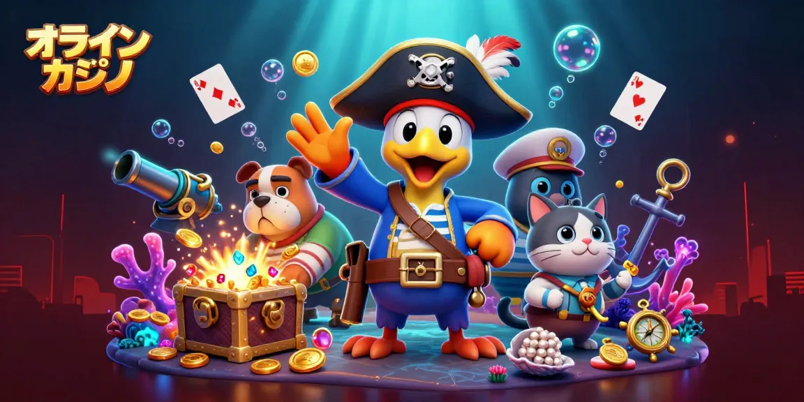 オンライン カジノでゲームを楽しむ海賊キャプテンのイラスト。