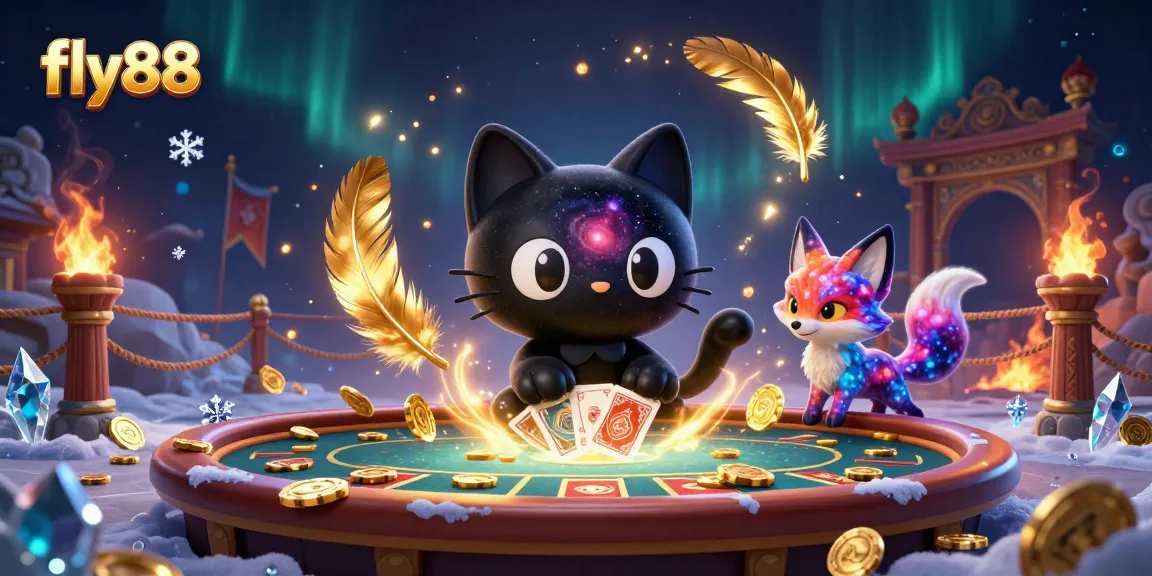 Experience the excitement of fly88 as the black hole cat and nebula fox draw in golden winnings at a cosmic casino.