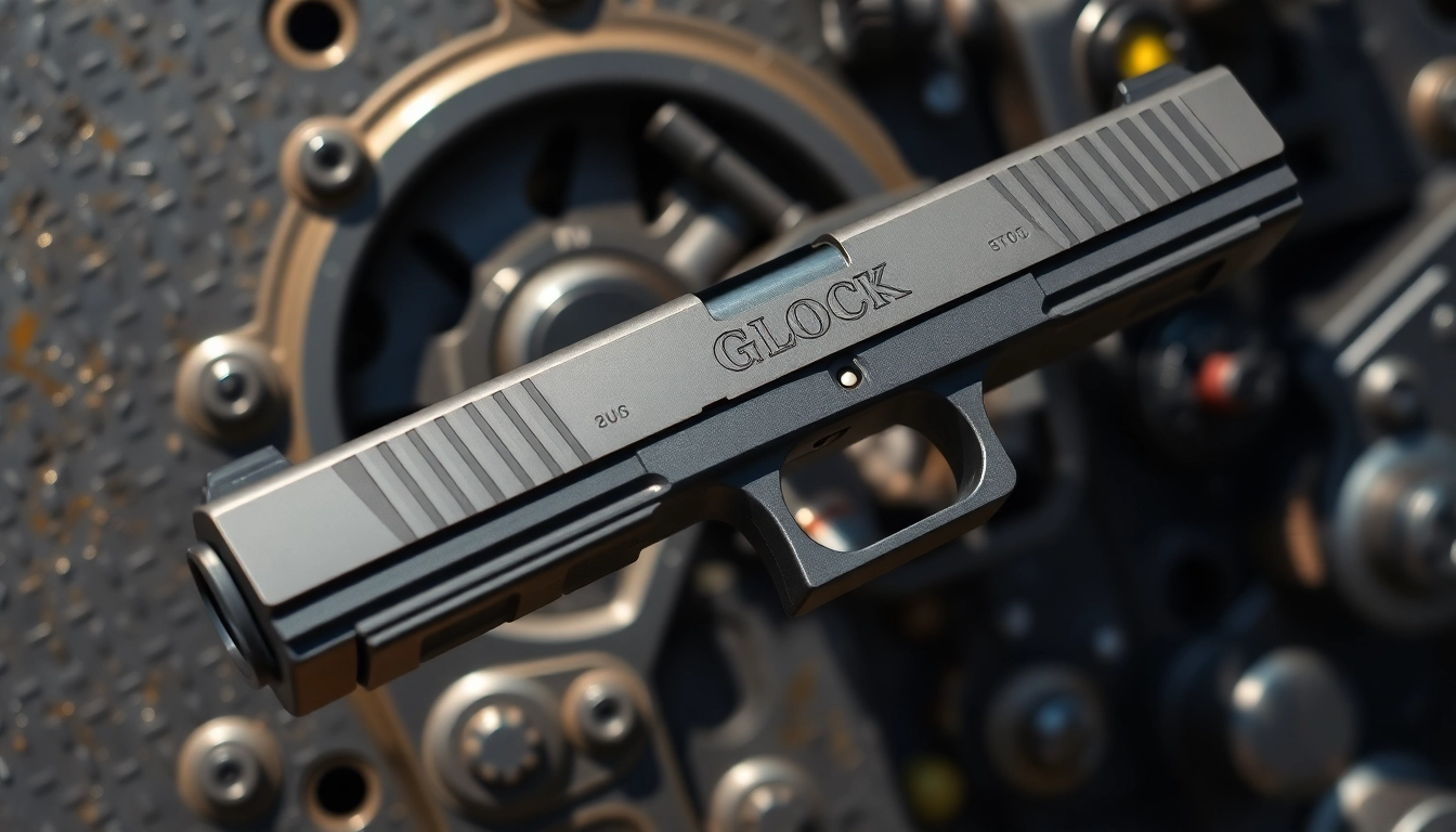 Showcase of glock 17 slide highlighting its features and craftsmanship in a detailed setting.