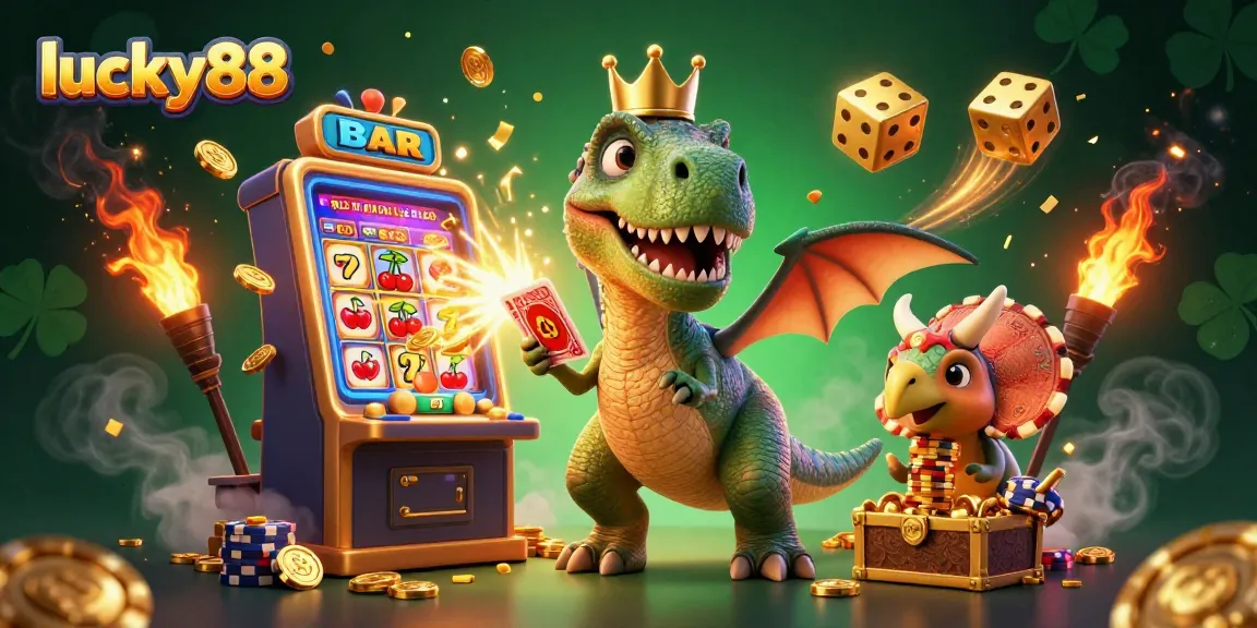 Play thrilling games at lucky88 with T-Rex shuffling cards and dinosaur friends amid jackpot celebrations.