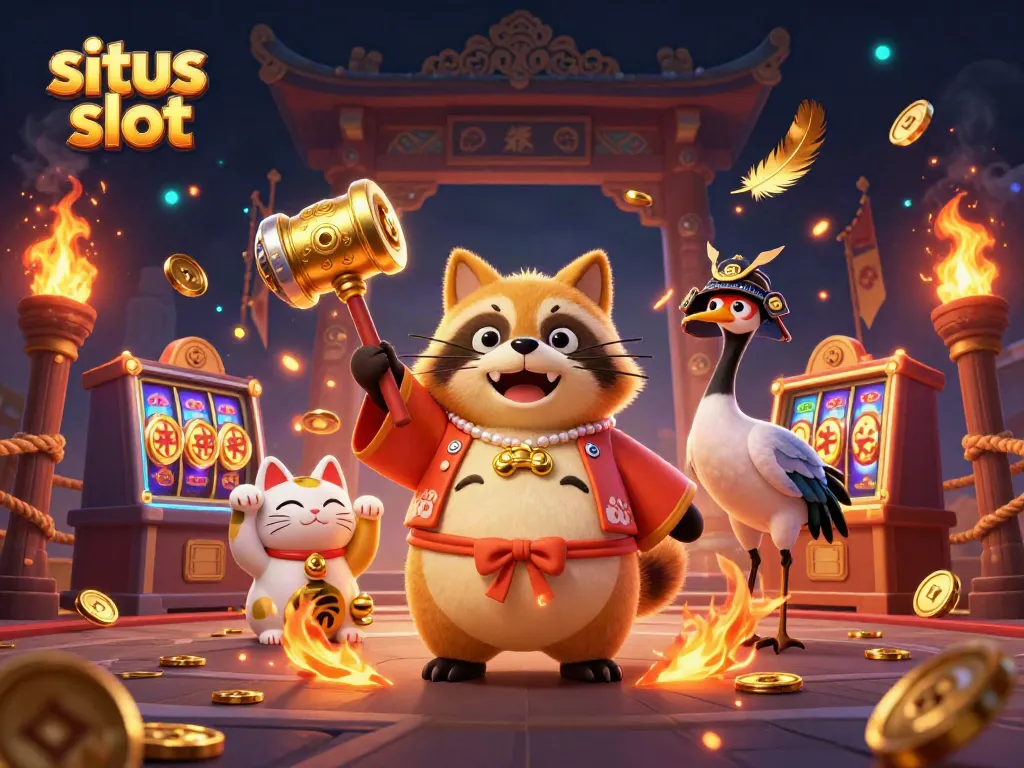 Menggoda keberuntungan di situs slot dengan ilustrasi ceria karakter tanuki dan kucing maneki-neko.