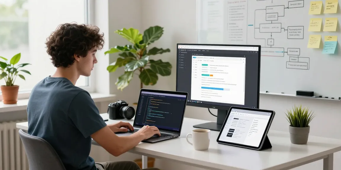 Developer building internal tools with AI in a modern workspace, showcasing vibrant technology and collaborative environment.