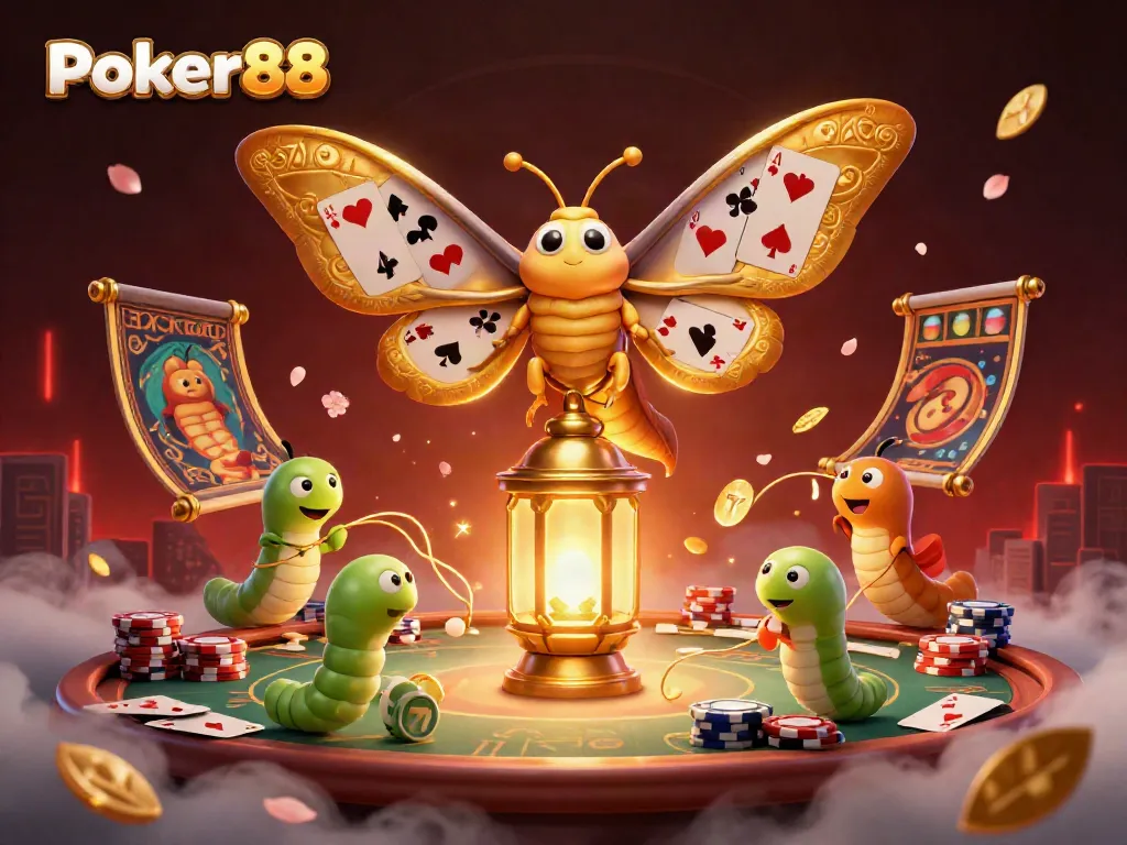 Engage with Poker88's vibrant casino experience showcasing a moth and golden lantern.
