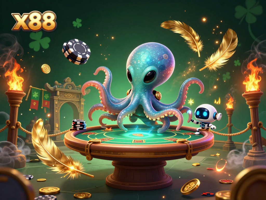 x88 delivers thrilling poker action as an alien octopus deals cards and interacts with players in a vibrant, cosmic casino scene.