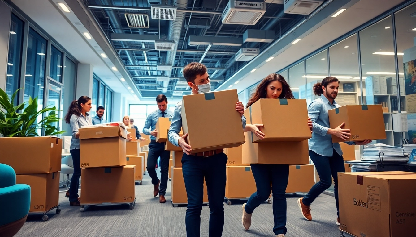 Efficient office moving services NYC team carefully packing furniture and supplies in New York's vibrant setting.